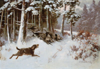 A Dog Chasing Boar in the Forest by Otto Scheuerer - Auction record, sale price, and art valuation. Compare with similar artists and explore comparable artworks.