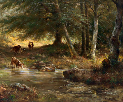Cows at the Watering Place by Adolf Johann Hoeffler - Auction record, sale price, and art valuation. Compare with similar artists and explore comparable artworks.