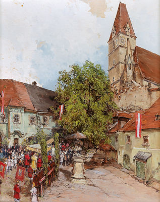 "Market Square in Weissenkirchen in the Wachau with a Corpus Christi Procession" by Otto Elsner - Auction record, sale price, and art valuation. Compare with similar artists and explore comparable artworks.