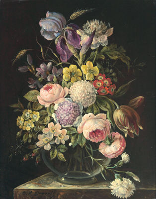 Blumenstück mit Rosen, Iris,Tulpen, Nelken und Schlüsselblumen