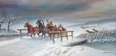 Troika in a Winter Landscape, chased by a pack of wolves