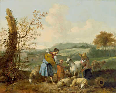 Shepherds and their flock in an Italian landscape