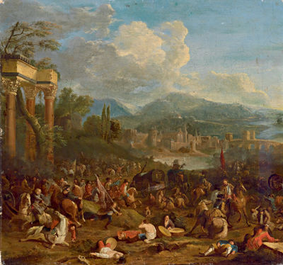 Cavalry engagement by ancient ruins in a river landscape; Cavalry engagement by a stone well in a river landscape