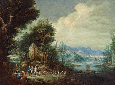 Wide river landscape with numerous figures