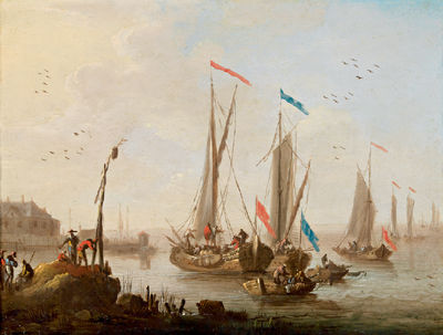 Coastal landscape with ships entering port