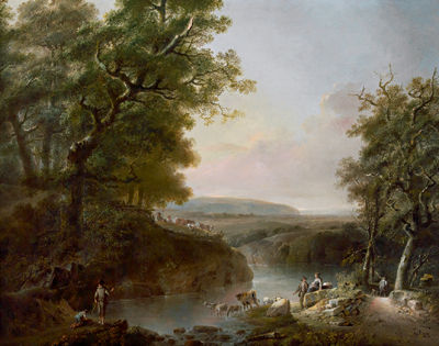 River landscape with figural staffage and sheep
