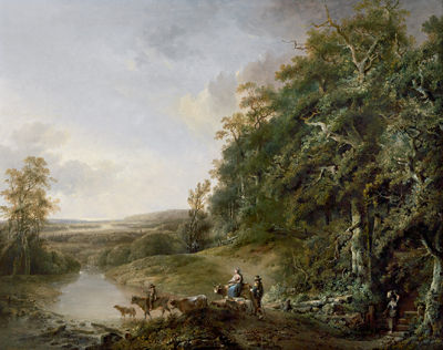 River landscape with peasants and cattle