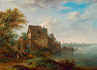 Wooded river landscape with fishermen in their boats and travellers walking along a path