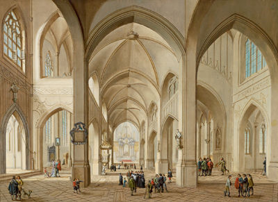 Interior of a Gothic church with numerous figures