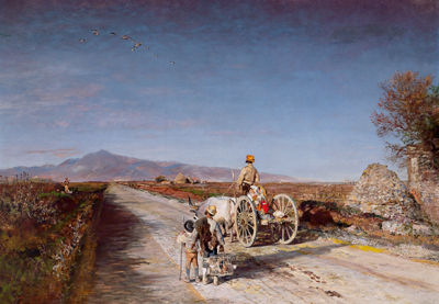 View of the Campagna with the Appian Way, an oxen-drawn cart and farmer on his way to market