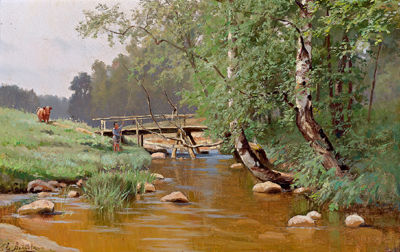 A Landscape with a Stream and Birch, an Angler and a Cow