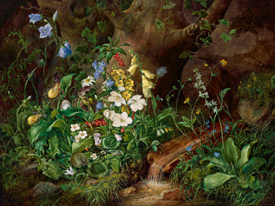 Large Still Life of Alpine Flowers with Snow Roses, Bluebells, Lady's Slippers and White Wild Cyclamen