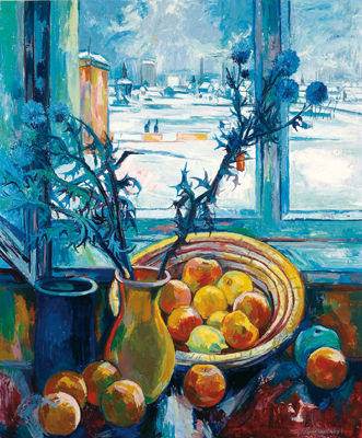 "Stilleben", Krug mit Disteln, Schüssel mit Früchten vor einem Fenster mit Blick in eine Winterlandschaft