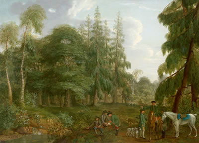 Hunting party in a forest landscape