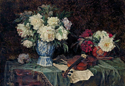 Still life with peonies and a violin