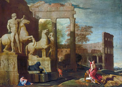Umkreis/ambito di Römisches Capriccio mit dem Kolosseum und den heute auf dem Quirinale befindlichen Statuen der Dioskuren Kastor und Pollux; Capriccio romano con il Colosseo e i dioscuri sul Quirinale di Roma