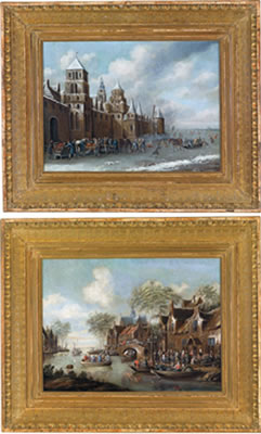 Winter scene with skaters with the suburbs of the city of Haarlem in the background (2)