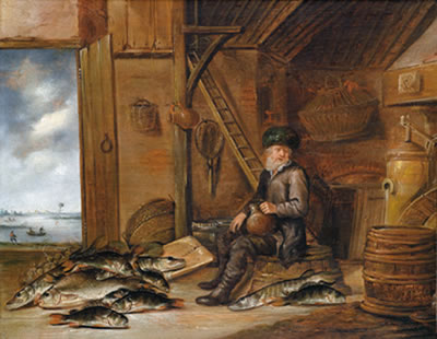 A fisherman with a beer tankard in his hut, with depictions of fresh-water fish and a Dutch river landscape seen through the open door