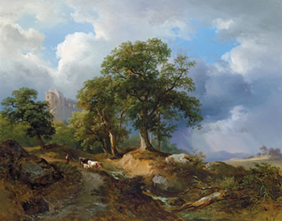 Shepherdess with her herd on the way home before an approaching storm, castle ruins in the background by Joseph Hoger - Auction record, sale price, and art valuation. Compare with similar artists and explore comparable artworks.
