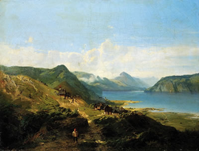 Coastal landscape with houses and decorative figures