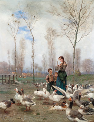 Gaggle of geese in a spring landscape