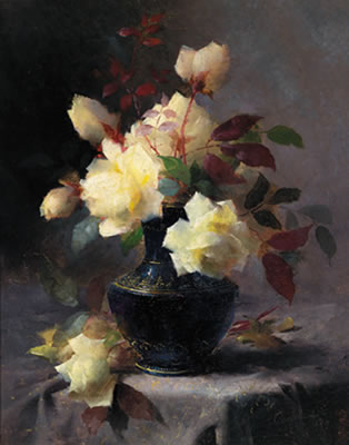 Still life with yellow roses in a vase
