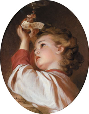 Portrait of a child holding up a goblet bearing the inscription "God save the Tsar" by Ivan Kozmich Makarov - Auction record, sale price, and art valuation. Compare with similar artists and explore comparable artworks.