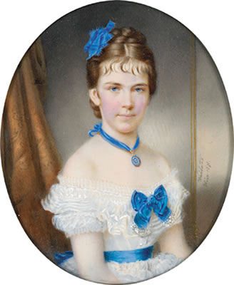 Portrait of a young lady in a white dress and with blue accessories