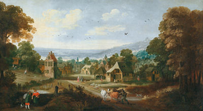 A Flemish village with numerous figures