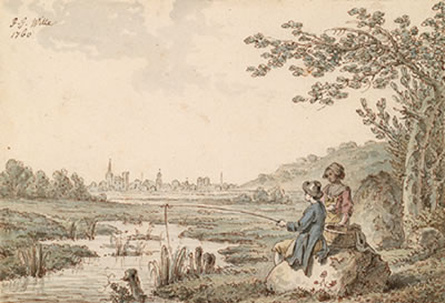A river landscape with fishermen and a woman