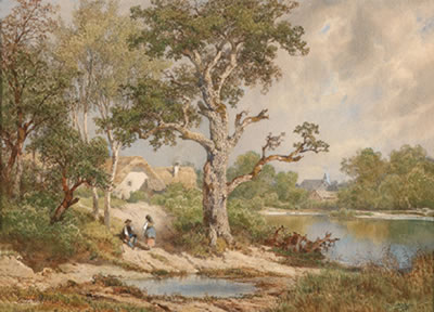 A village at a pond