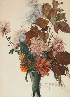 An autumn bouquet with leaves and chrysanthymum