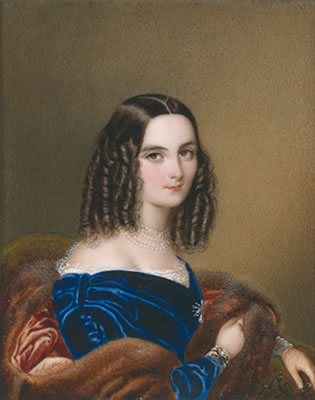 A portrait of a young woman with dark corkscrew curls and a fur cape