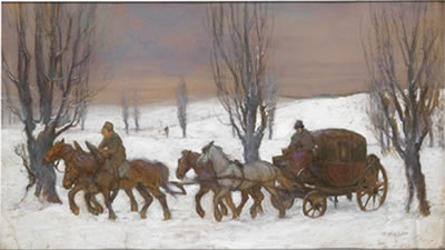 Journey Through a Winter Landscape by Oswald Roux - Auction record, sale price, and art valuation. Compare with similar artists and explore comparable artworks.