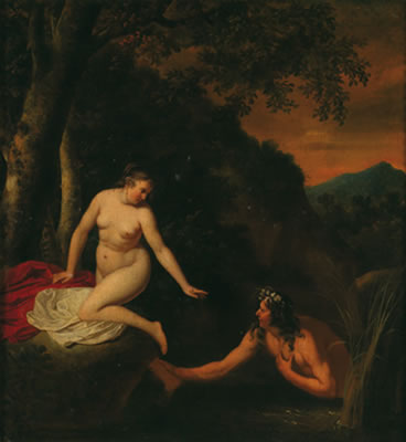 Mythological scene: A nymph bathing by a riverbank and a river god by Jan Neck - Auction record, sale price, and art valuation. Compare with similar artists and explore comparable artworks.