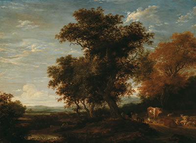Cattle and travellers resting under a large tree in a wide landscape