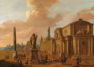 A Roman architectural capriccio with ample figural staffage