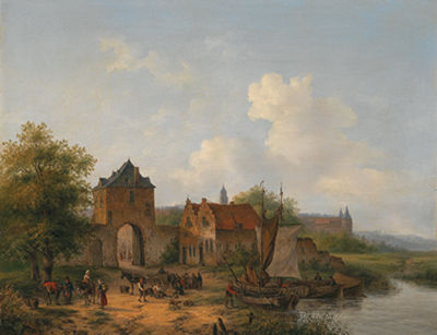 View of a Dutch City with Fishermen Unloading their Catch