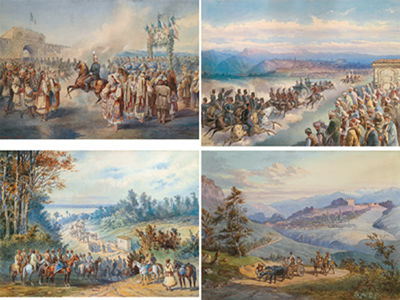 Alexander I of Bulgaria (Alexander Joseph von Battenberg) visits the countryside and is greeted by the local population with enthusiasm (includes Sofia with the Vitosha mountains, Veliko Tarnova, entrance to the Silistria fortress)