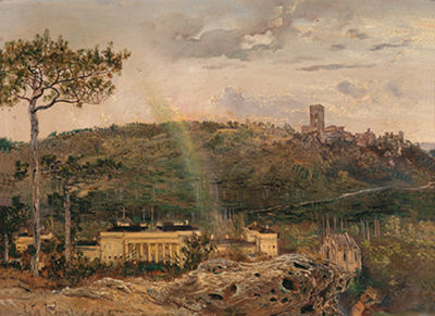 The Weilburg near Baden with the Cholera Chapel, the Rauheneck Ruins in the Background, a Rainbow in the Foreground