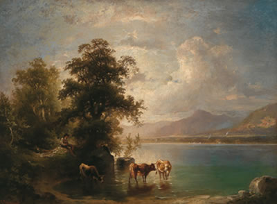 Herdsman with Cows on the Lake Shore