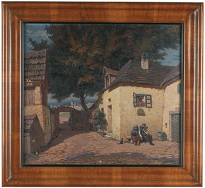 Sonntagsruhe, Innenhof in einem Burgenländischen Bauernhaus, figural staffiert, im Hintergrund ein Dorf by Albert Kollmann - Auction record, sale price, and art valuation. Compare with similar artists and explore comparable artworks.