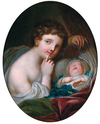 Siblings' Bliss - a child observing a sleeping infant; Oval