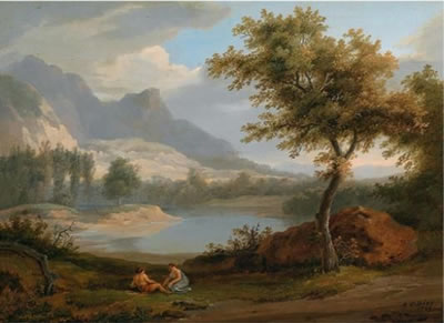 Ideal landscape with reclining pair of lovers by a lake