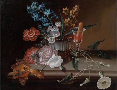 A pair of still-lifes of flowers and fruit; a pair (2)