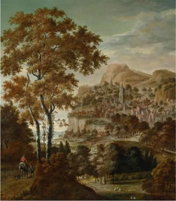 Horseman in a wide river landscape with a city in the background