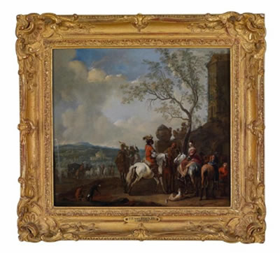 Elegant hunting party resting at a blacksmith's