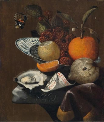 Still-life of fruit with an open oyster, almanac sheet and butterfly