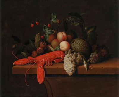 An opulent still-life with a lobster, grapes, peaches, pomegranates, a melon and wild strawberries on a stone parapet