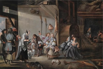 An elegant hunting party turning into a farmyard